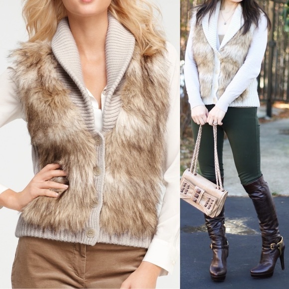 Wool Blend Ann Taylor Faux Fur Chunky Knit Button Vest - Picture 10 of 11